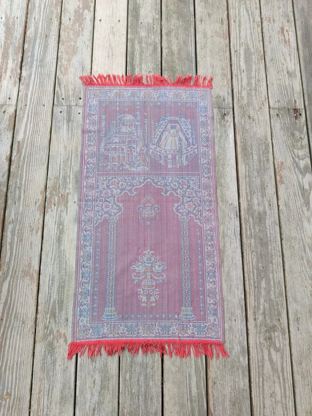 70s 80s Islamic Prayer Rug Tapestry Red Fringe Mosque Architecture 20.5x42